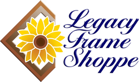 A logo for Legacy Frame Shoppe featuring a yellow sunflower centered within a brown wooden picture frame.
