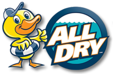 Cartoon duck mascot beside blue “ALL DRY” logo on white background