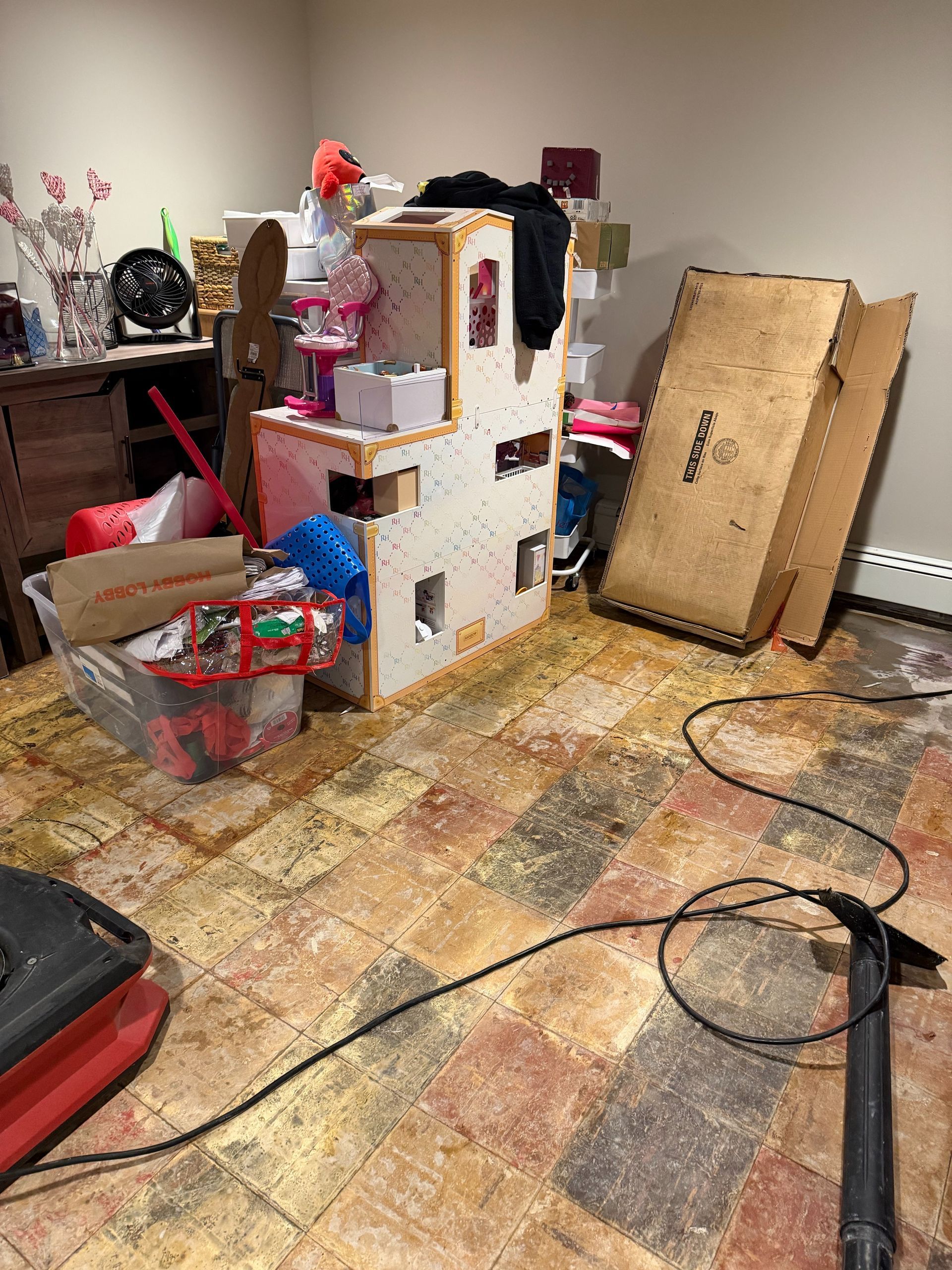Cluttered room with a cat tree, toys, boxes, and coiled cables on a patterned rug