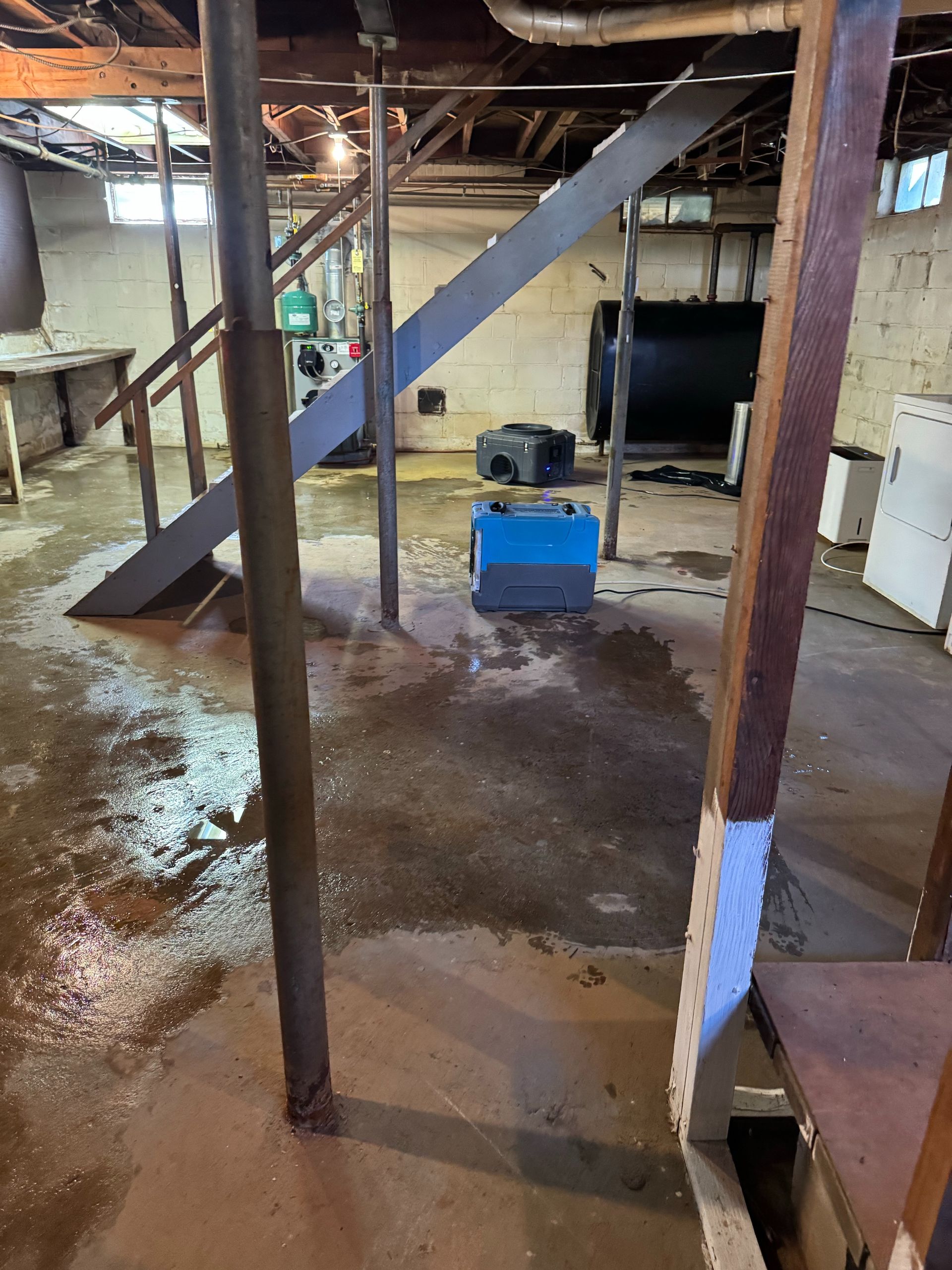 Basement utility area with exposed beams, damp concrete floor, and a blue machine under stairs