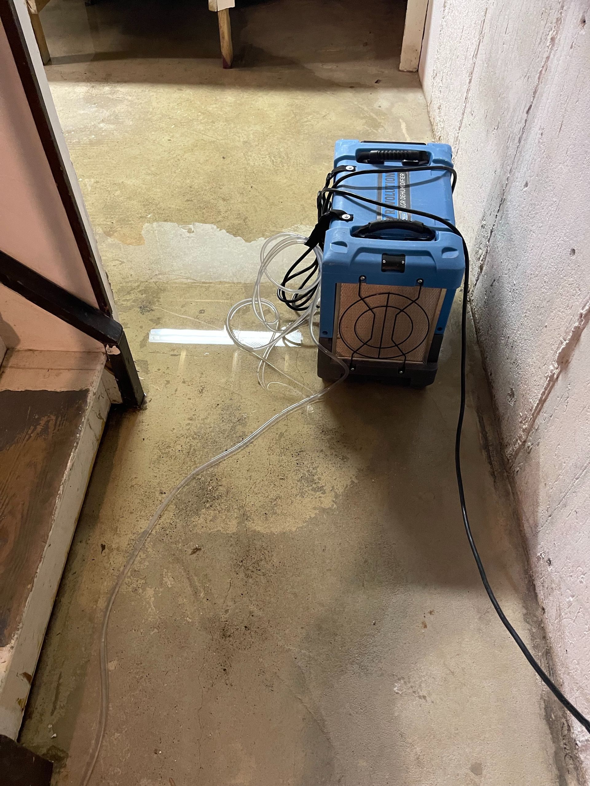 Blue portable dehumidifier on a hallway floor with a power cord and wet patch nearby