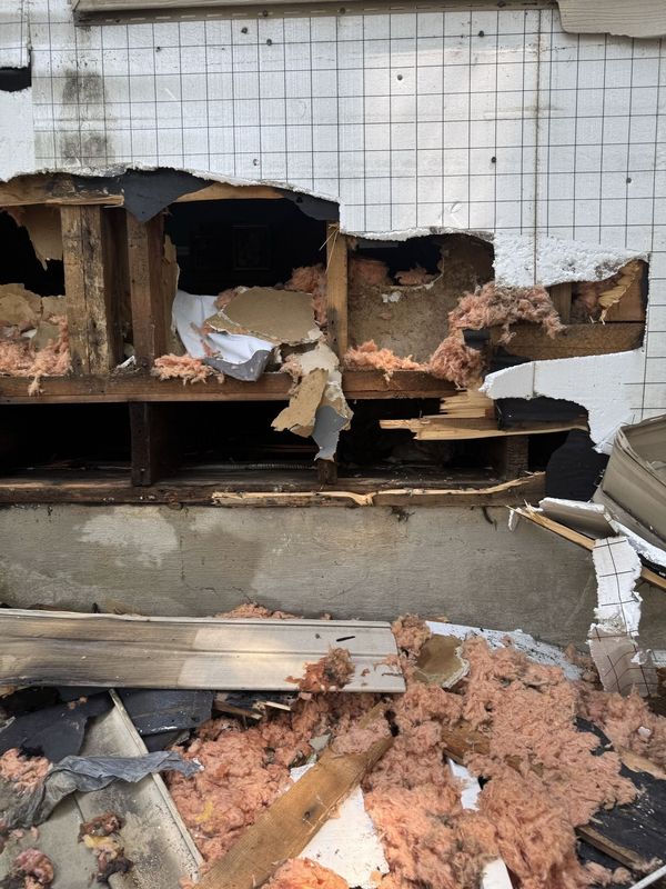 Damaged wall with holes exposing insulation, broken wood, and debris scattered on the floor