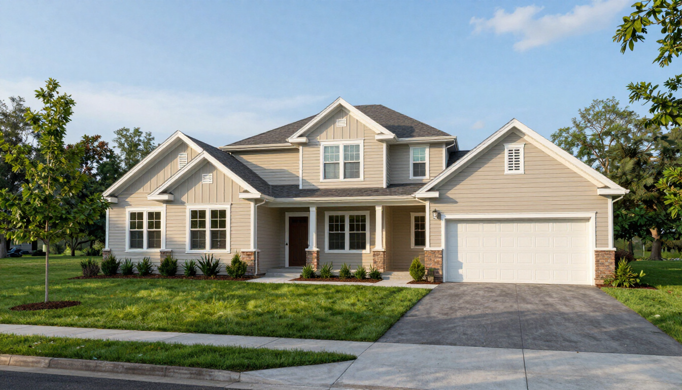 Suburban house with beige siding, white trim, attached garage, and a driveway in front