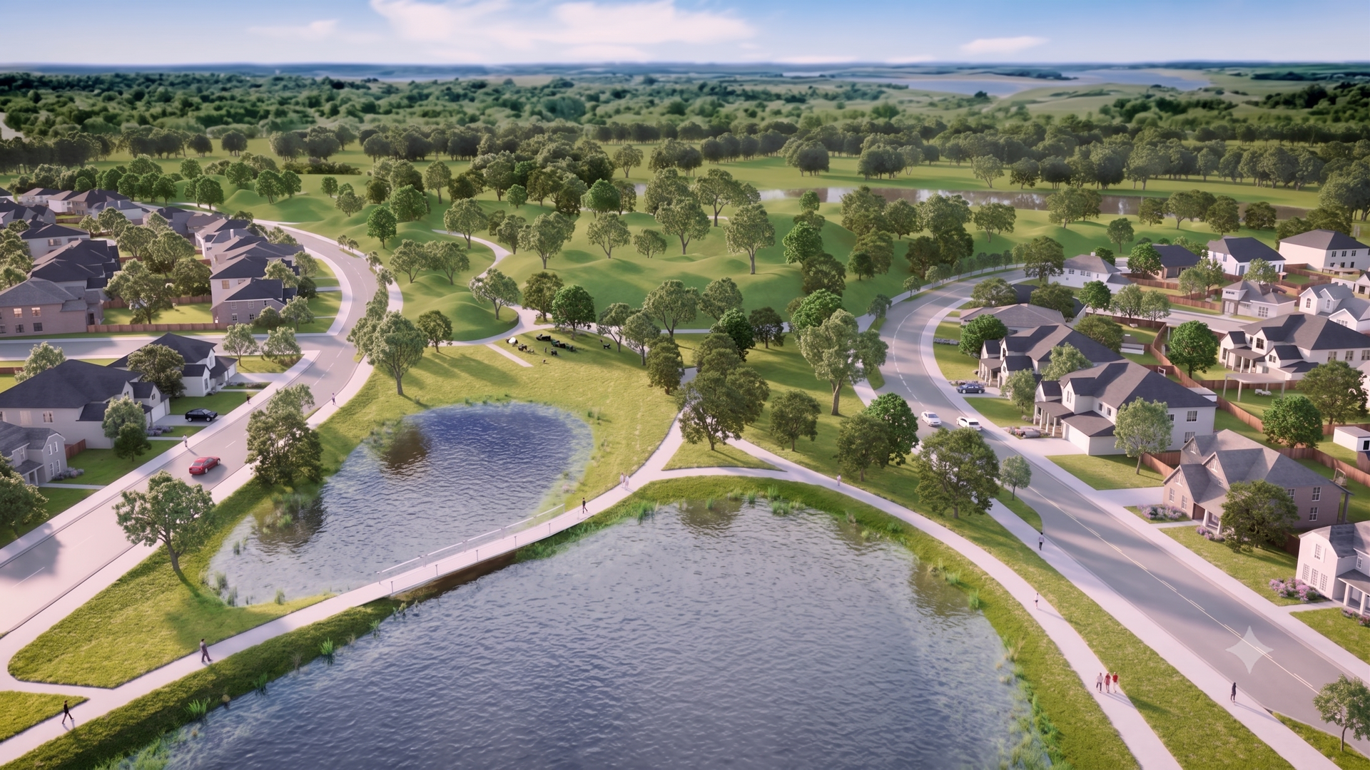 Aerial view of a suburban neighborhood with a pond, winding roads, and green lawns.