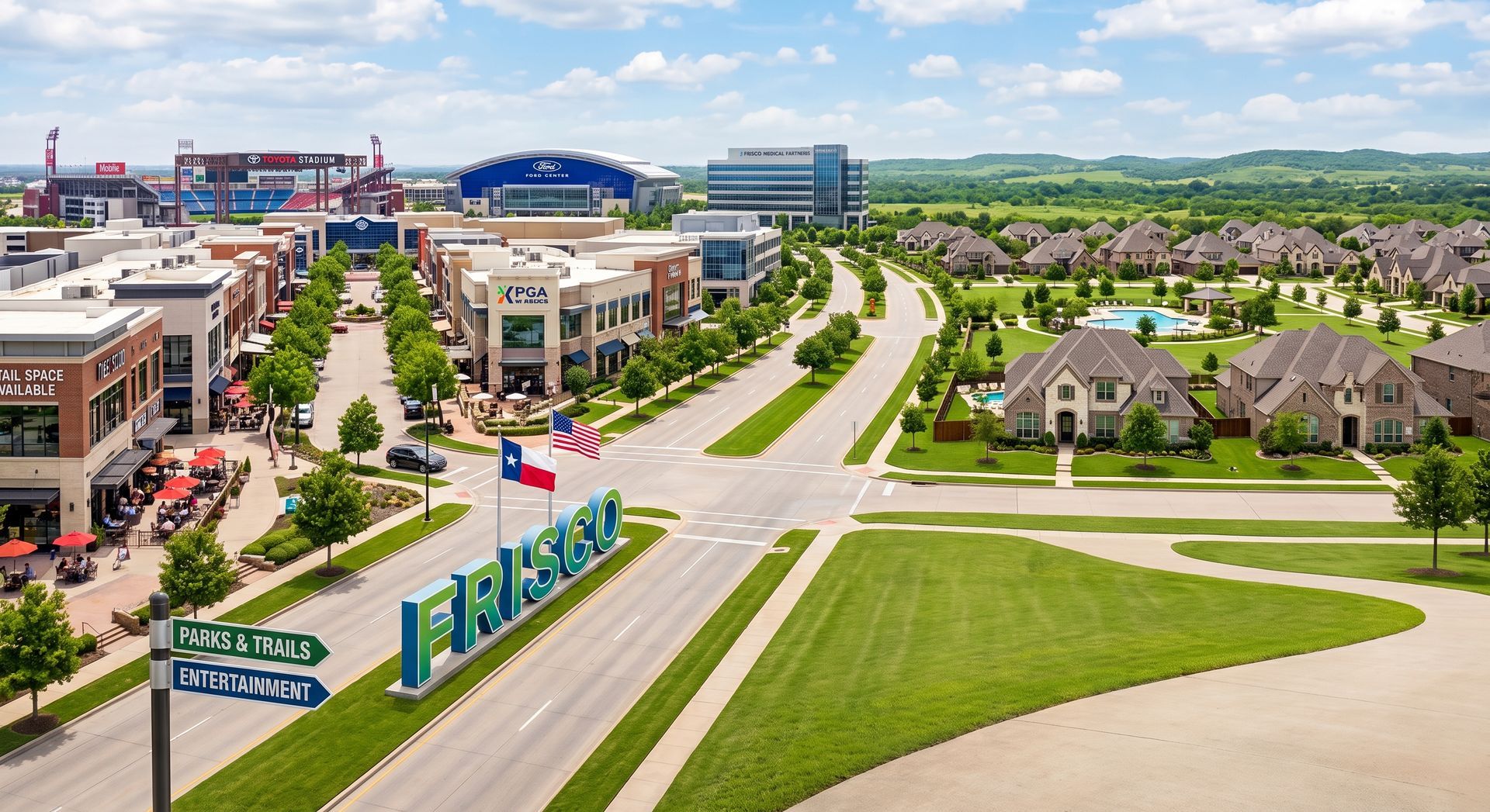 Aerial view of a modern shopping district with roads, green lawns, and rows of buildings under a clear sky
