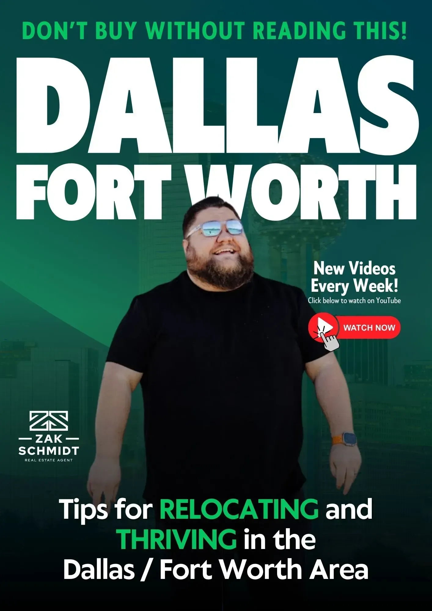 Dallas Fort Worth relocation tips graphic with a man on a green background and bold title text.