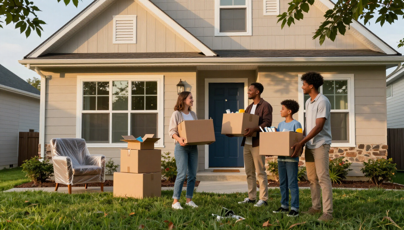 Four people with moving boxes chatting outside a suburban house
