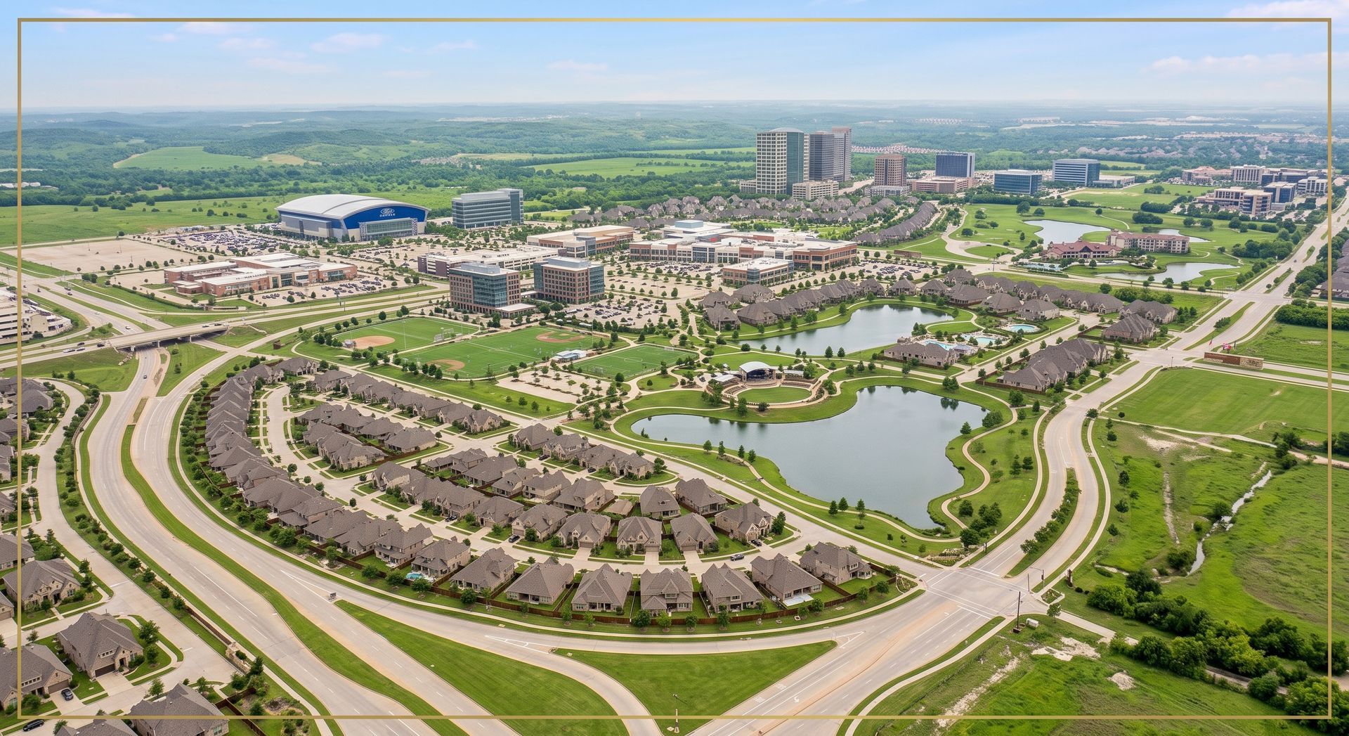 Aerial view of a large suburban neighborhood with winding roads, a pond, and green fields