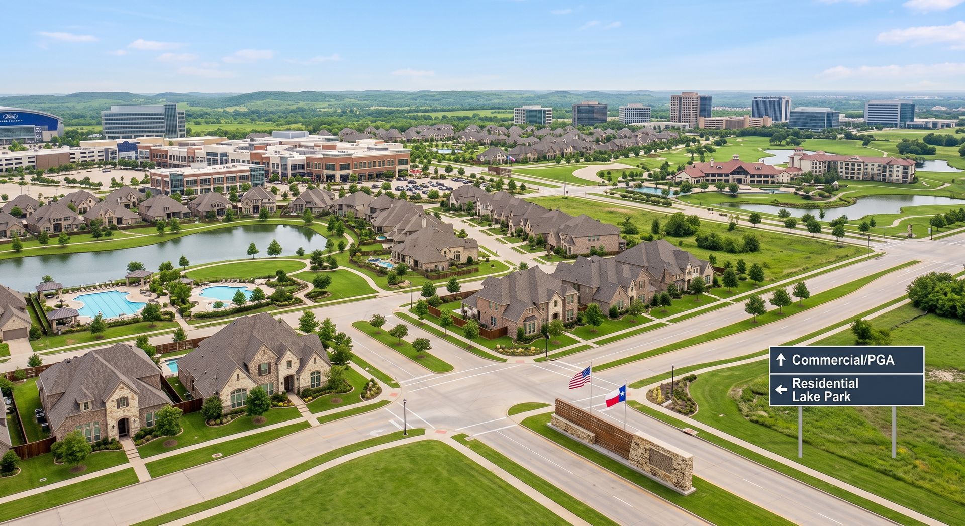 Aerial view of a suburban neighborhood with homes, roads, ponds, and a distant city skyline.