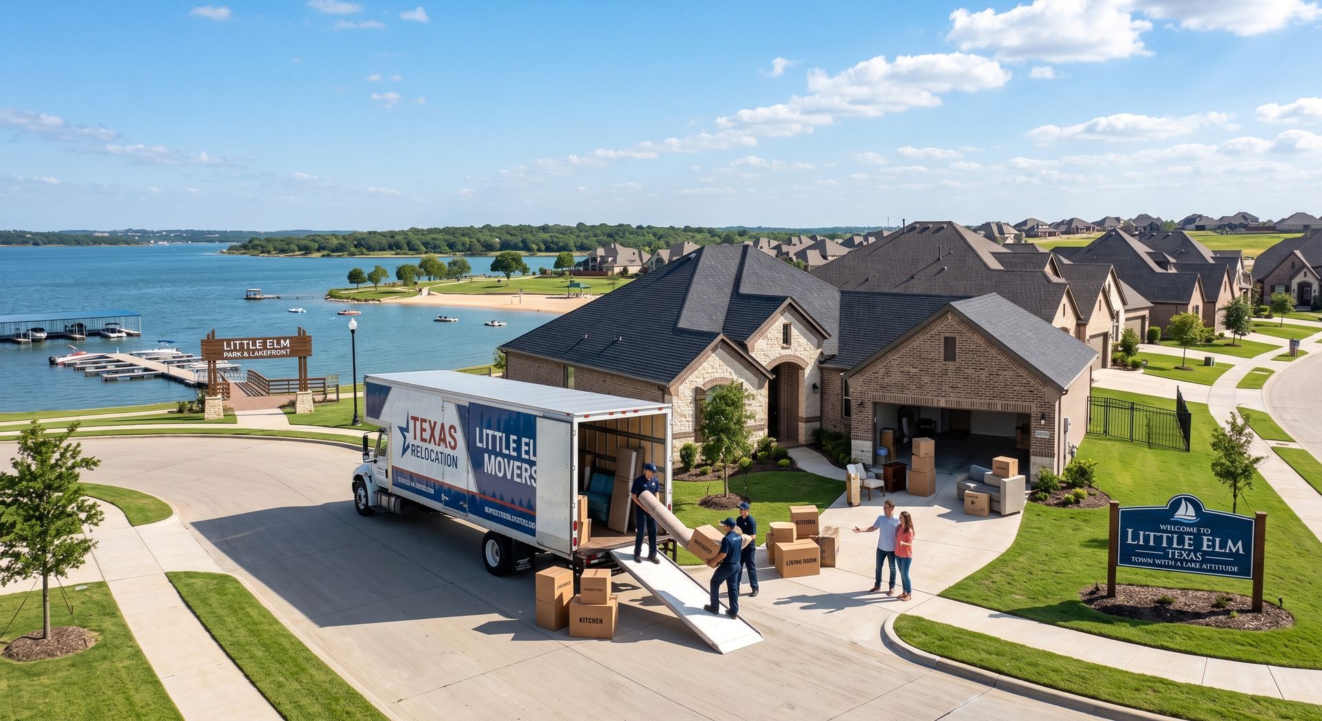 Lakeside neighborhood with a moving truck, people unloading boxes, and a clubhouse by the water