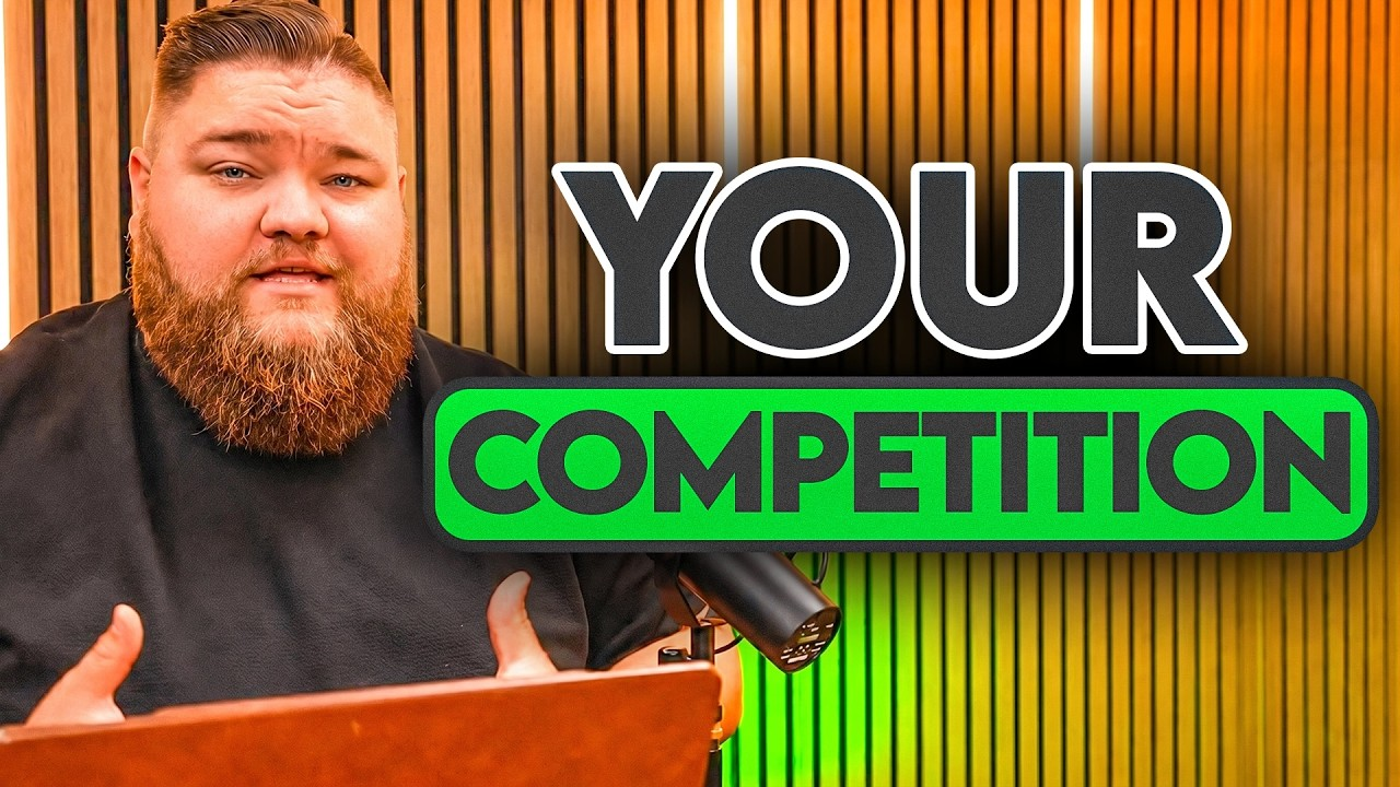 Bearded man at podium beside bold text “YOUR COMPETITION” on orange striped background