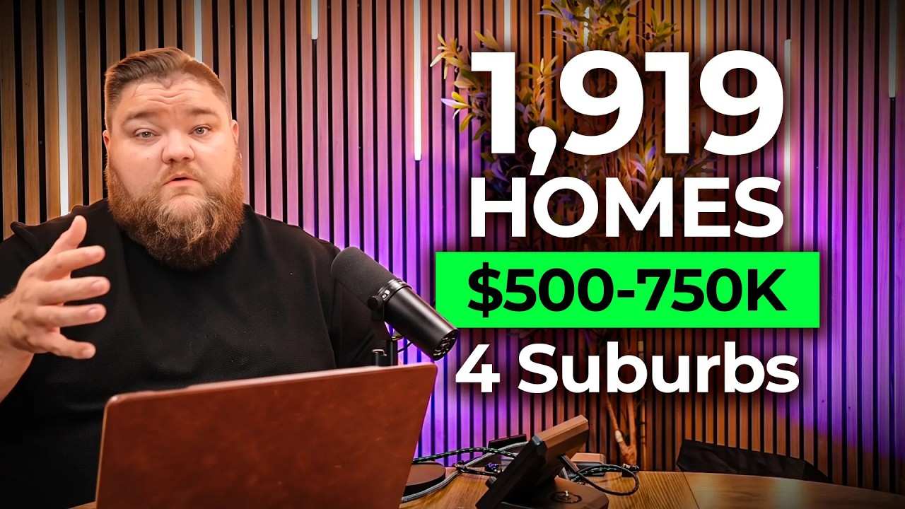 Man at laptop beside microphone, with bold text: “1,919 homes $500-750K 4 suburbs.”