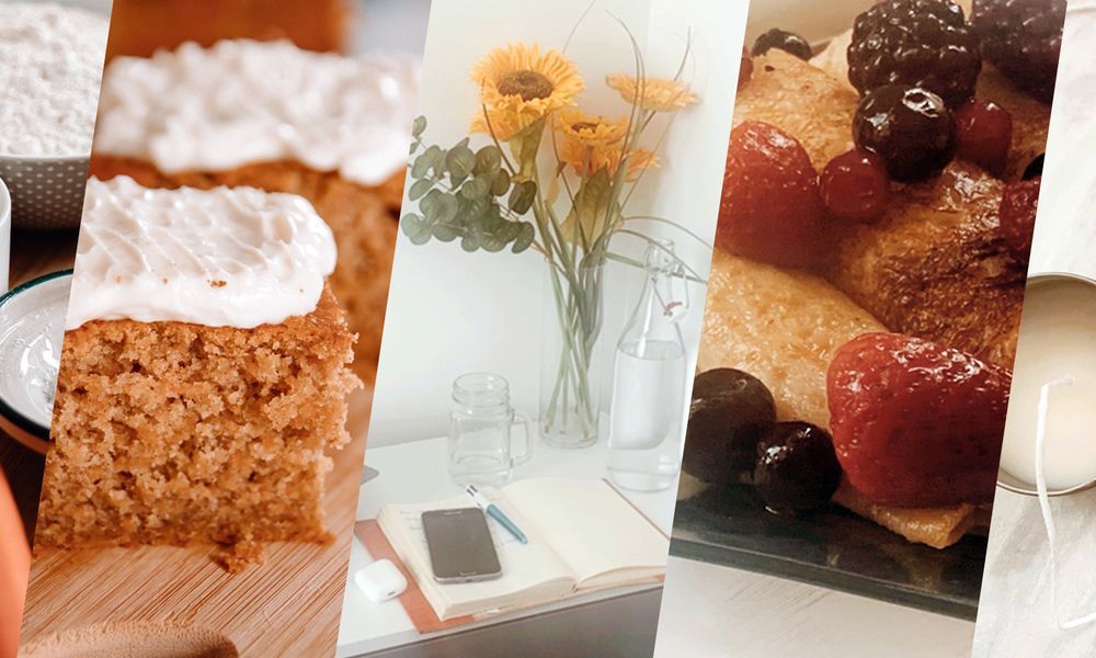 There are many different types of food and drinks in this collage.