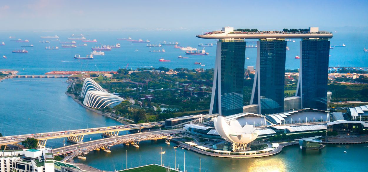 An aerial view of the marina bay sands hotel in singapore.