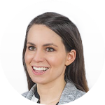 A woman is smiling in a circle on a white background.