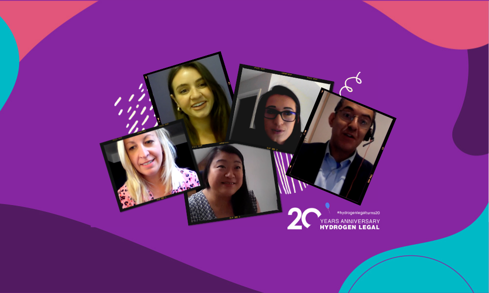 A group of people are having a video call on a purple background.