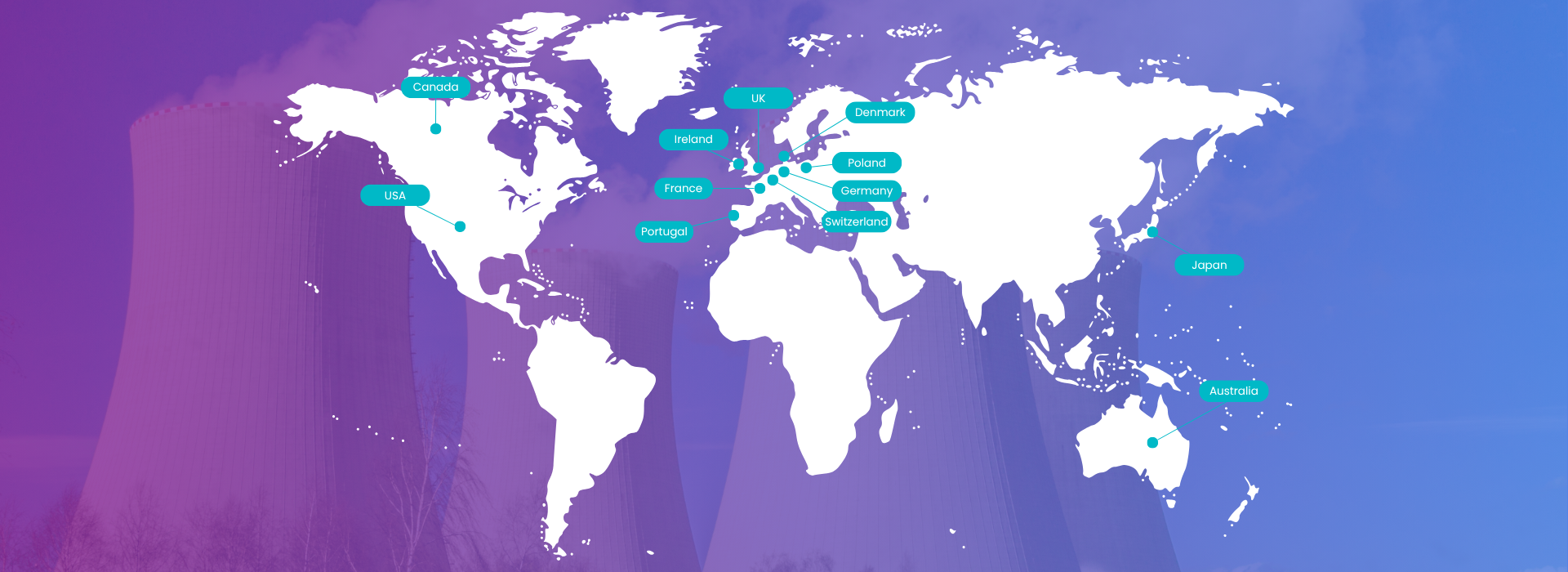 World map with blue location pins highlighting various locations.