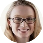 A woman wearing glasses is smiling in a circle.