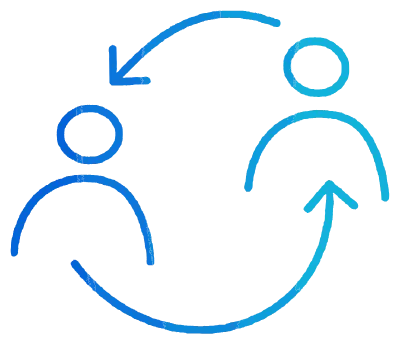 A blue icon of two people with arrows pointing in opposite directions.