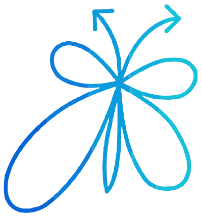 A blue flower with three arrows pointing in opposite directions