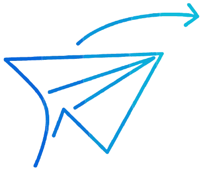 A blue paper airplane with an arrow pointing to the right.