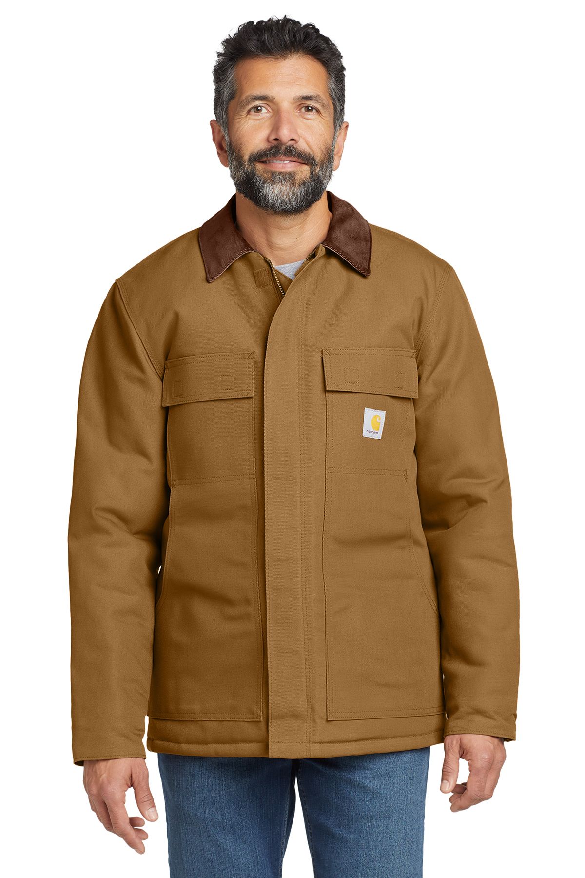 Man wearing a brown Carhartt work jacket with a corduroy collar and two chest pockets.