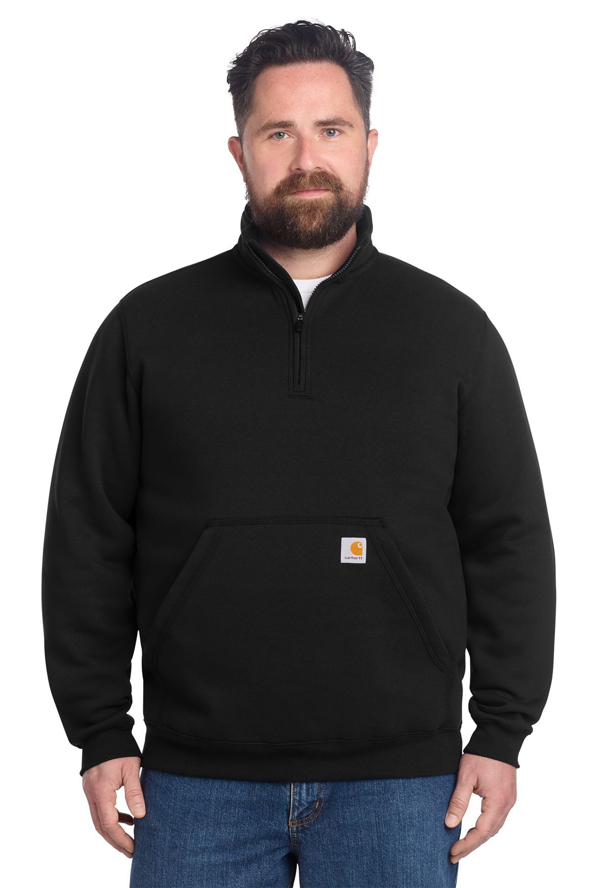 Man wearing a black Carhartt quarter-zip sweatshirt, standing in front of a white background.