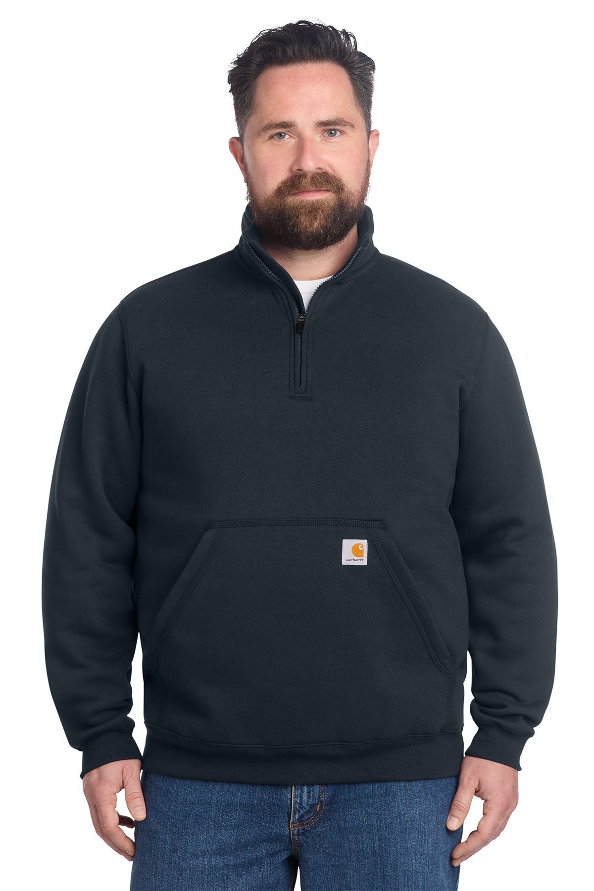 Man wearing a black Carhartt quarter-zip sweatshirt, standing in front of a white background.