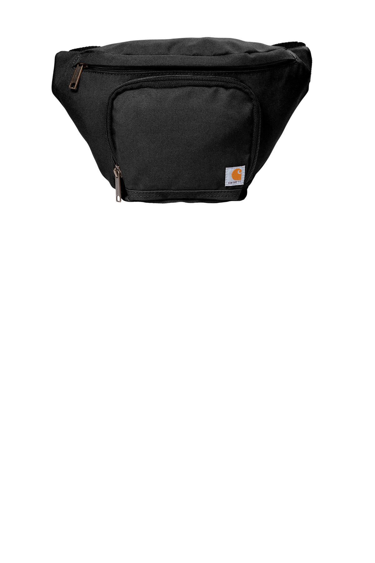 Carhartt brown fanny pack with a zipped front pocket and logo patch.