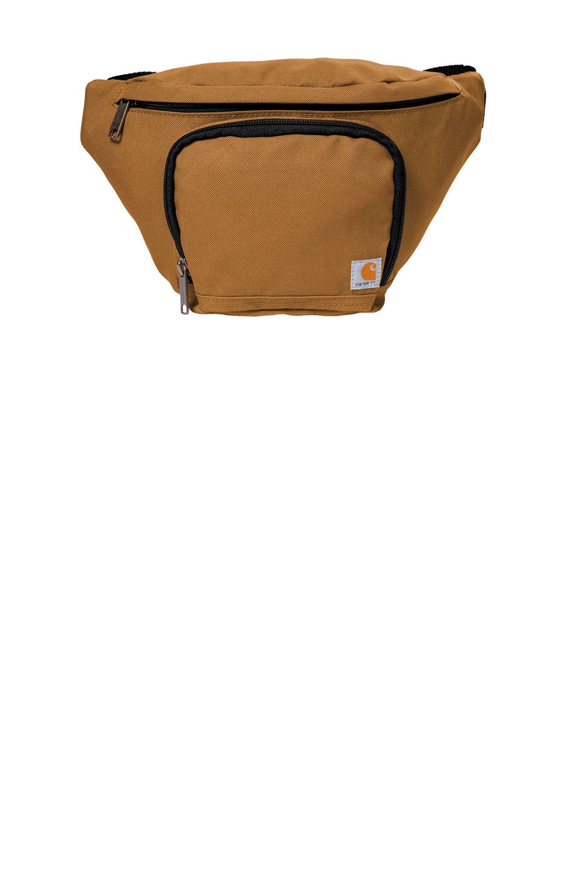 Carhartt brown fanny pack with a zipped front pocket and logo patch.