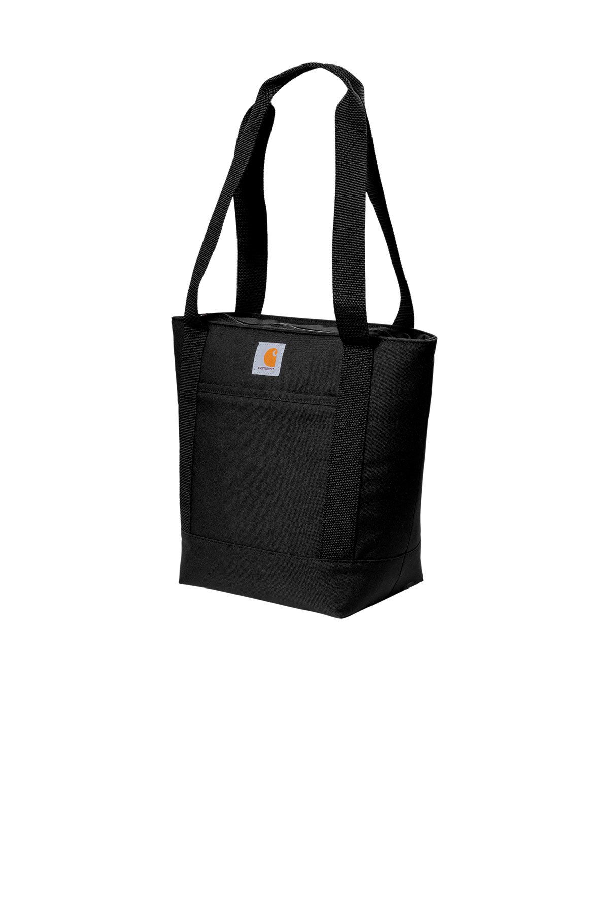 Black Carhartt cooler bag with handle, holding four canned beverages.