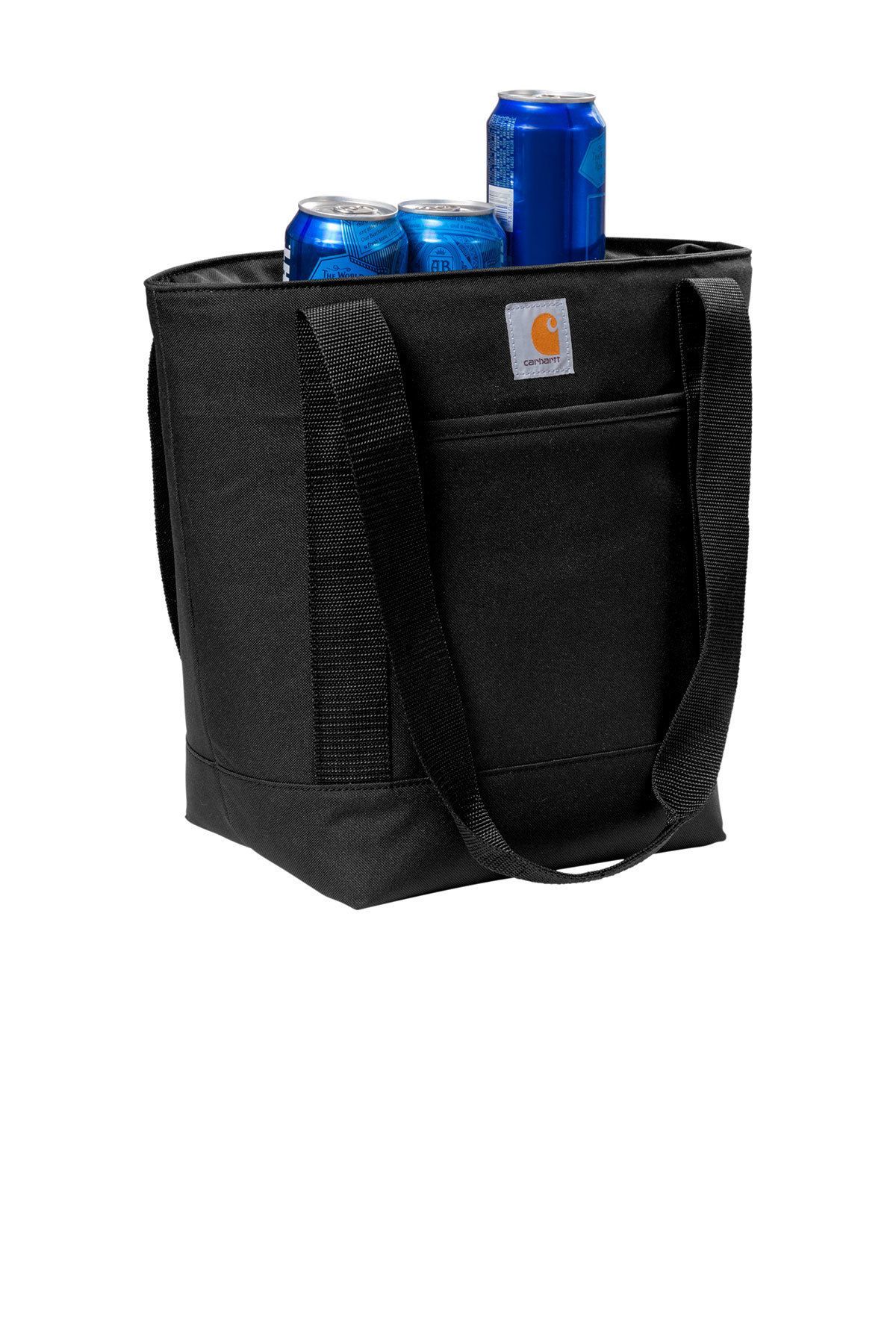 Black Carhartt cooler bag with handle, holding four canned beverages.