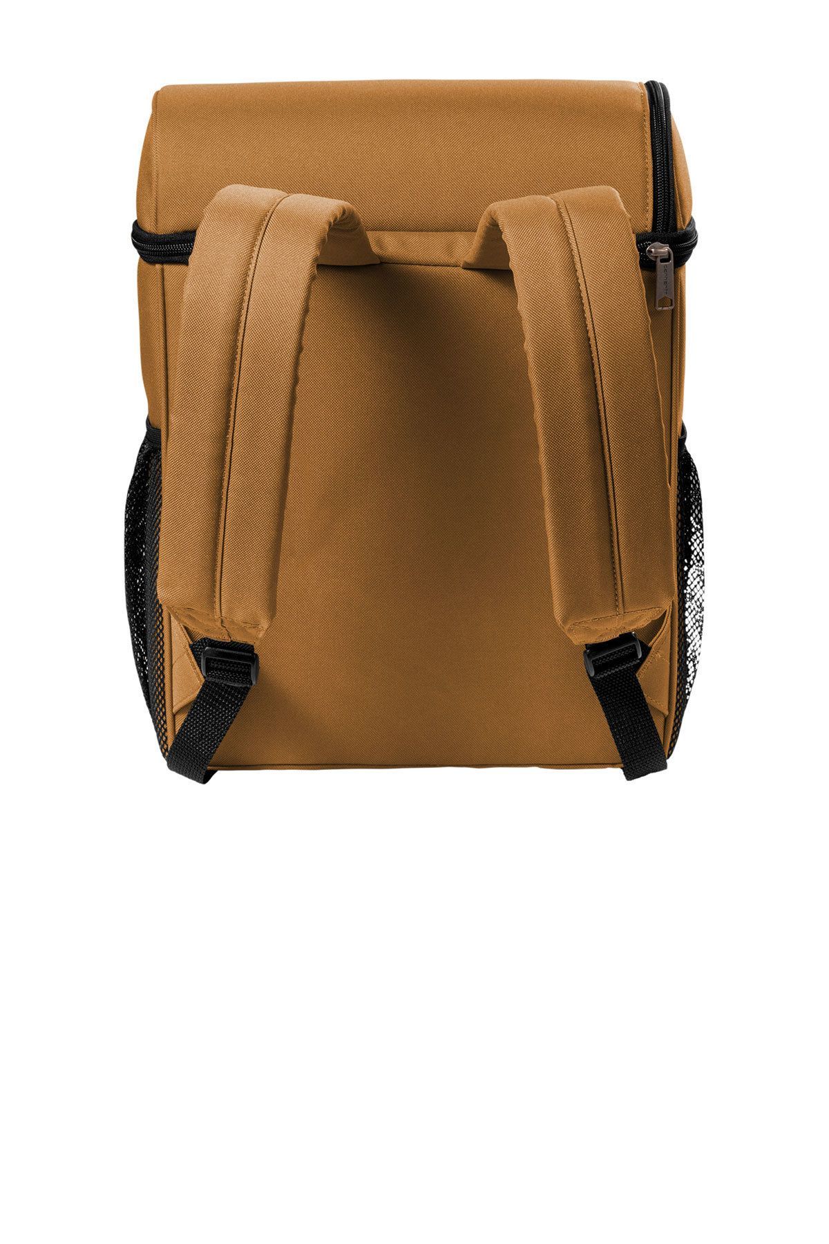 Carhartt brown backpack cooler, open to show beverages. Features a large front pocket and mesh side pocket.