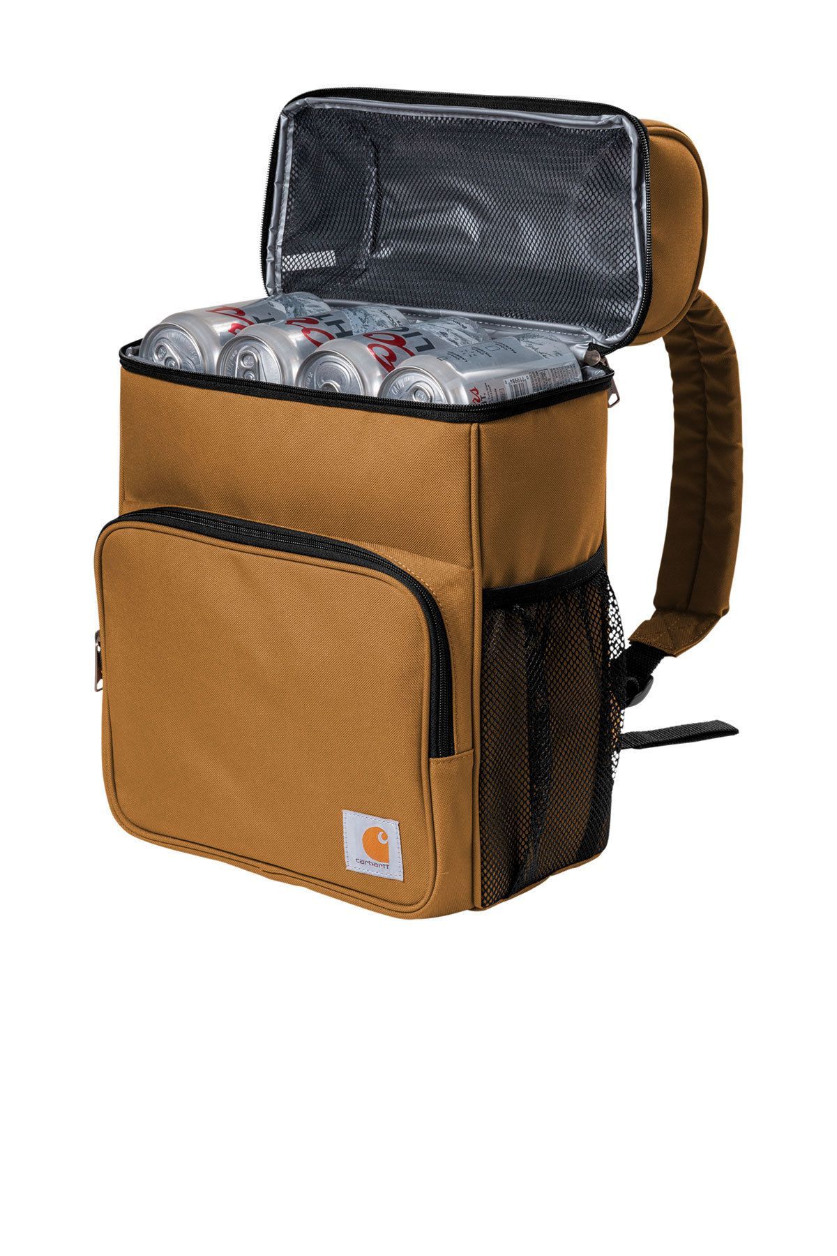 Carhartt brown backpack cooler, open to show beverages. Features a large front pocket and mesh side pocket.