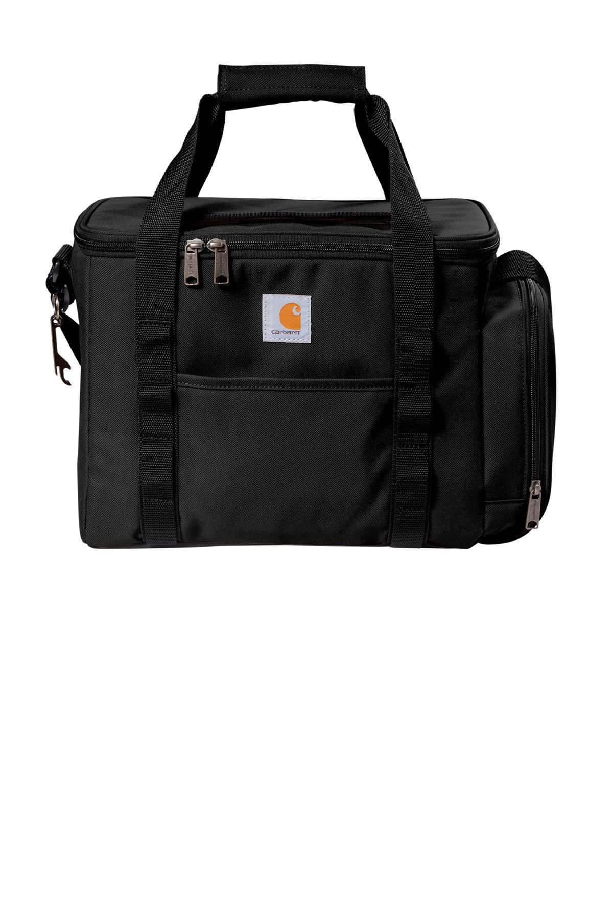 Black Carhartt cooler bag holding a dozen blue cans.