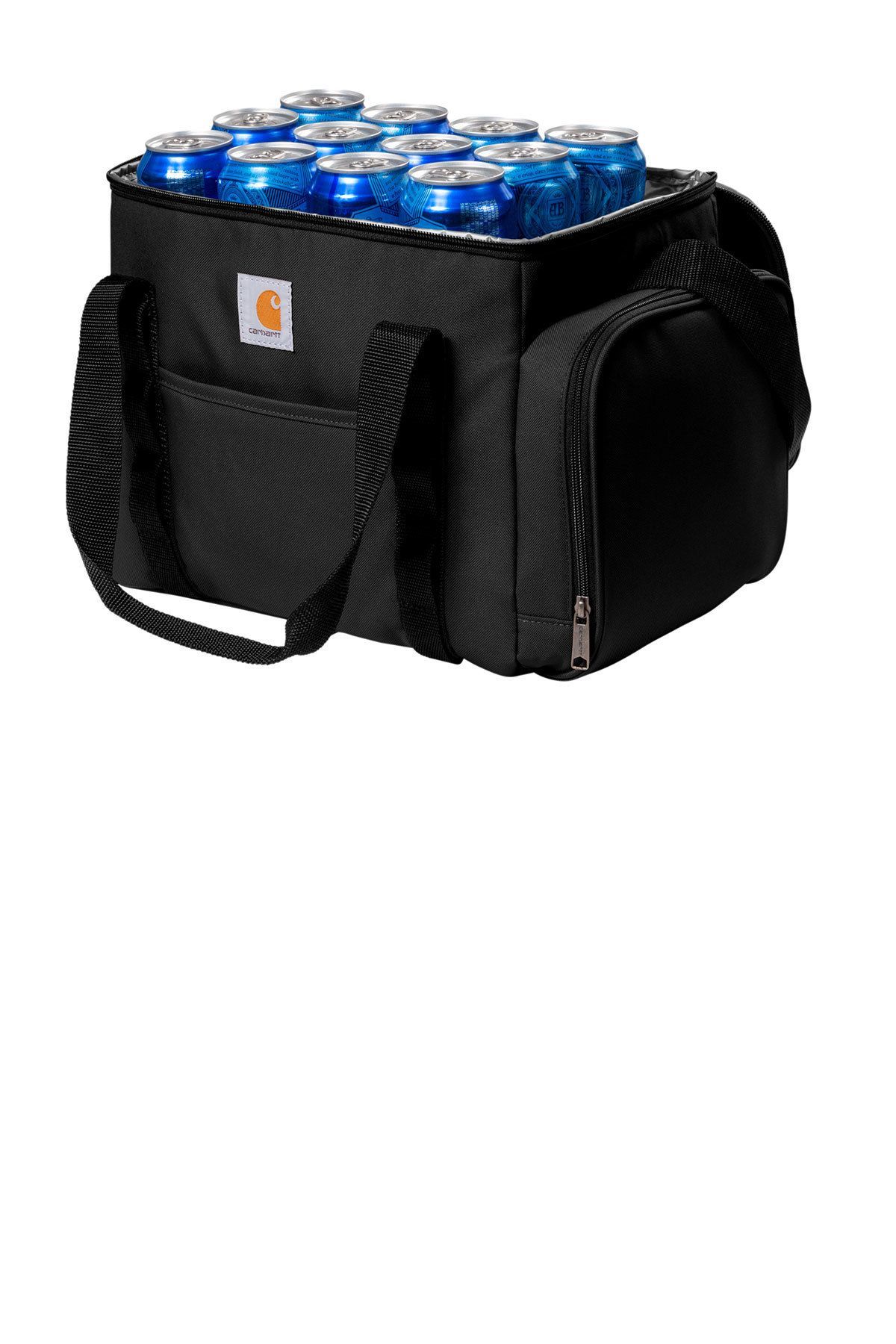 Black Carhartt cooler bag holding a dozen blue cans.
