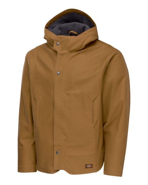 Brown hooded work jacket with snap closures.