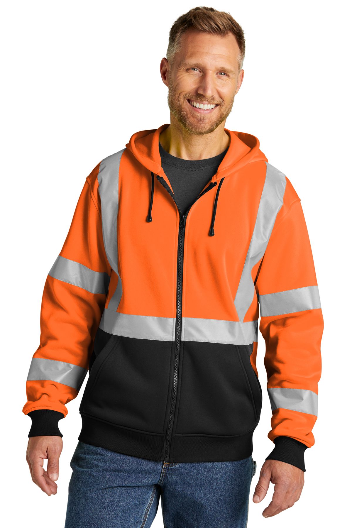 Man wearing an orange and black high-visibility zip-up hooded sweatshirt with reflective stripes.