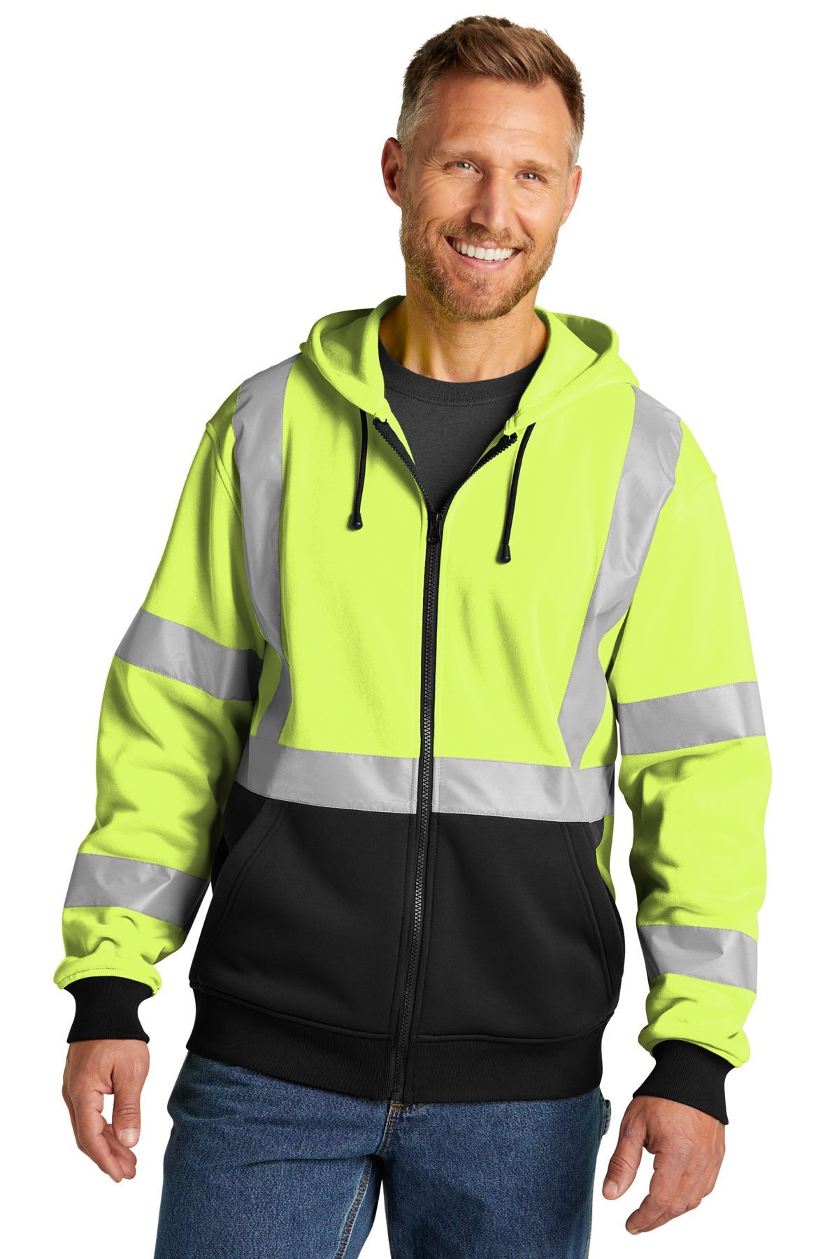 Man wearing an orange and black high-visibility zip-up hooded sweatshirt with reflective stripes.