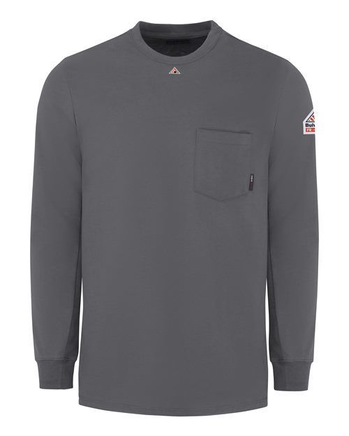 Navy blue long-sleeved work shirt with a pocket and logo on the sleeve.