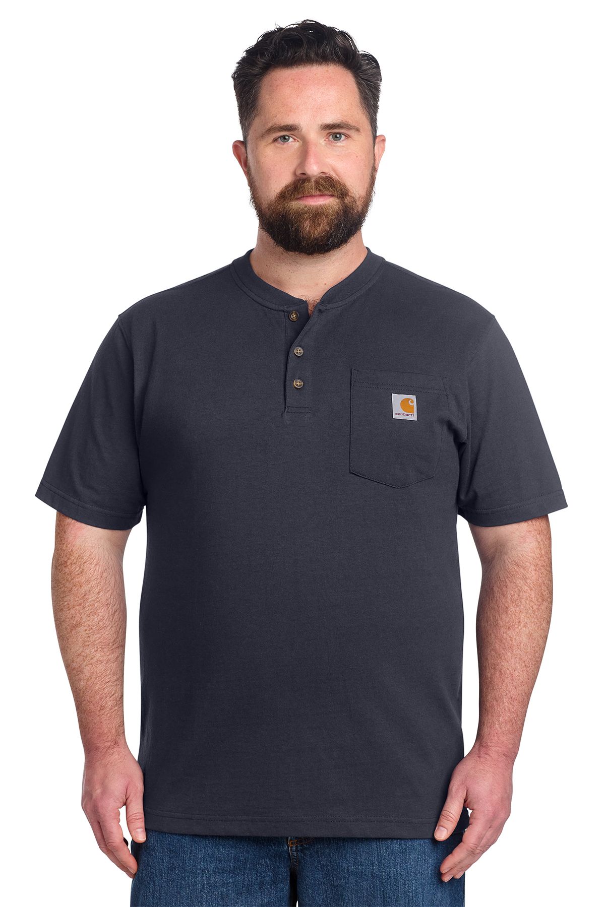 Man wearing a dark blue henley t-shirt with a chest pocket, jeans.