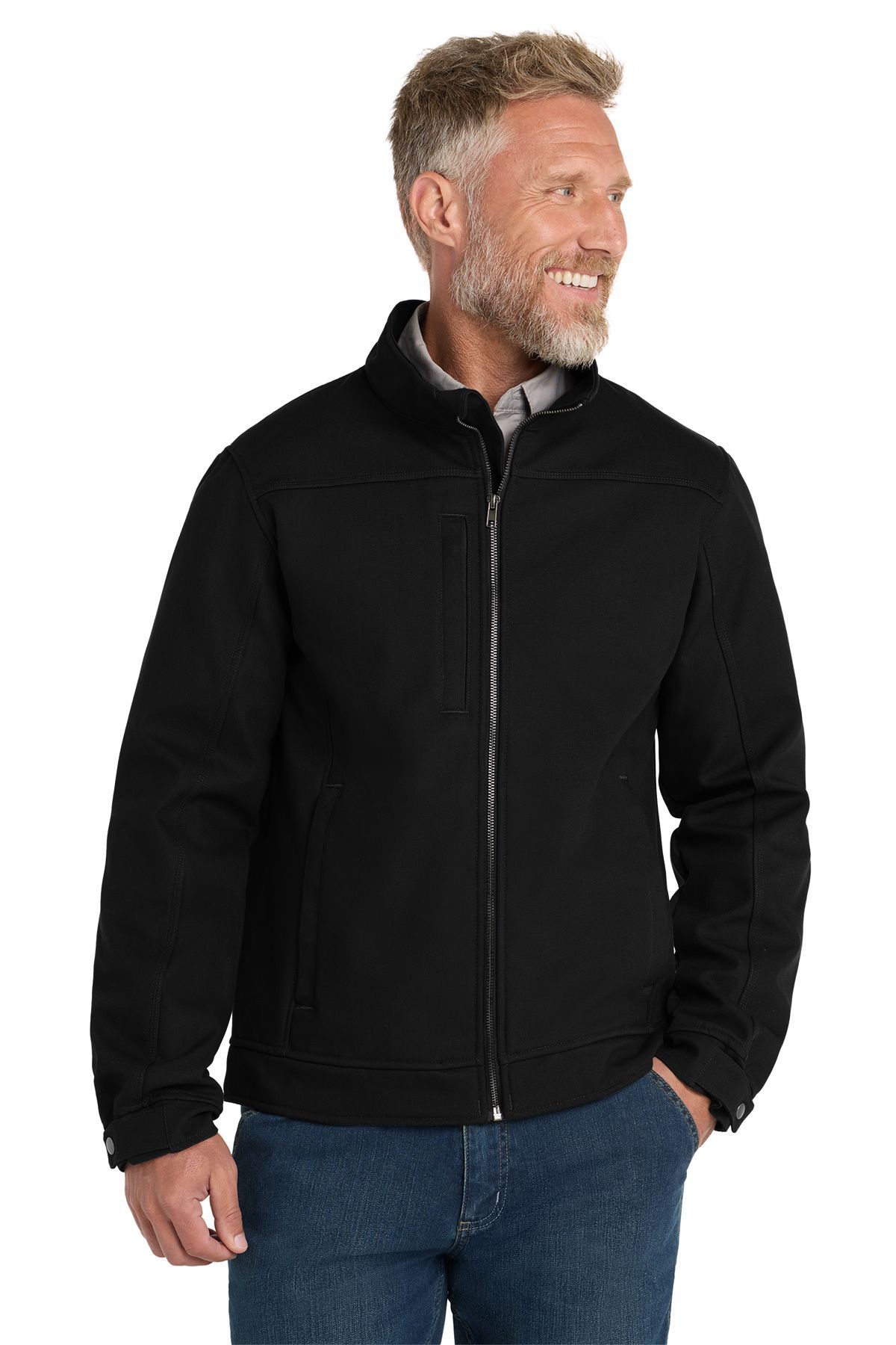 Man in black jacket, zipper closed, looking to his right, wearing blue jeans.
