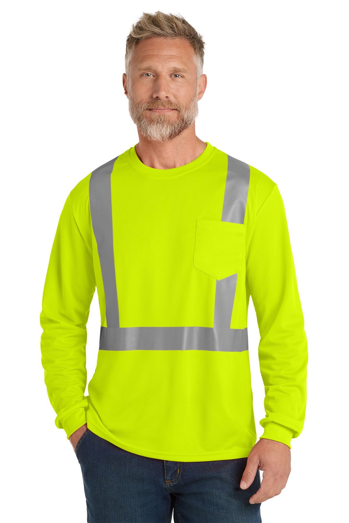 Man wearing bright orange long-sleeved shirt with reflective stripes and pocket.