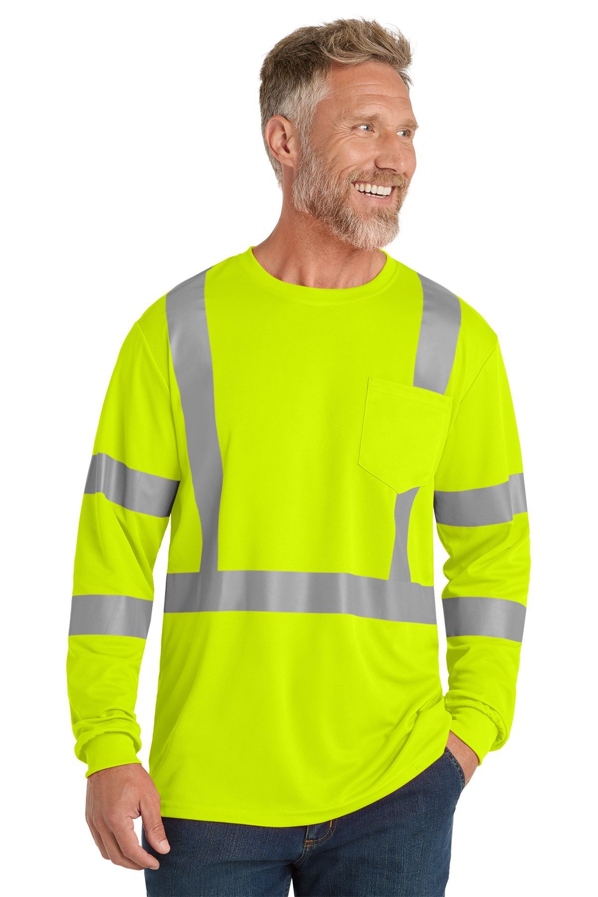 Man wearing bright orange long-sleeve safety shirt with reflective stripes.