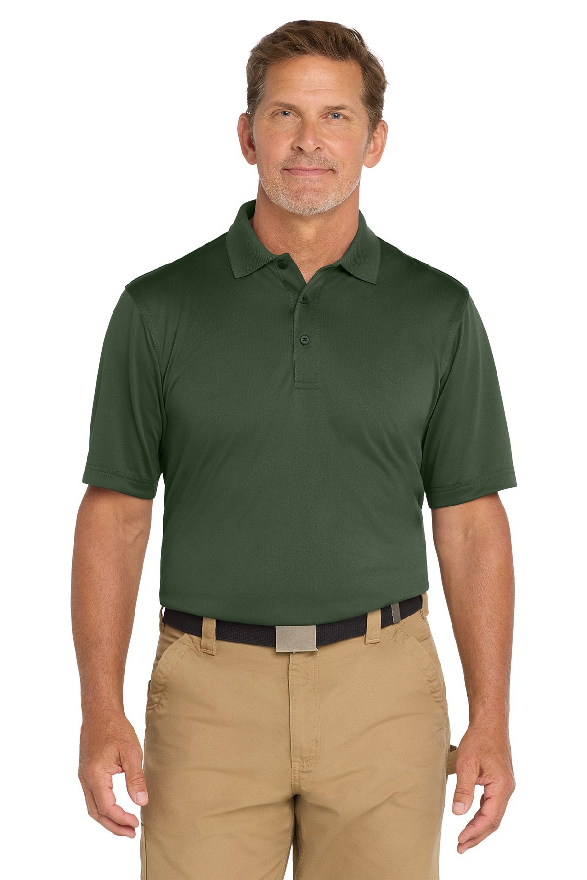 Man in a regatta blue polo shirt and khaki pants.