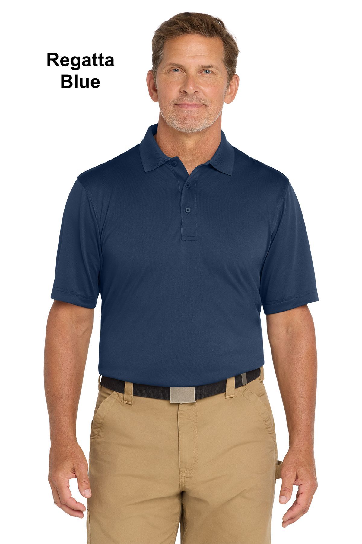 Man in a regatta blue polo shirt and khaki pants.