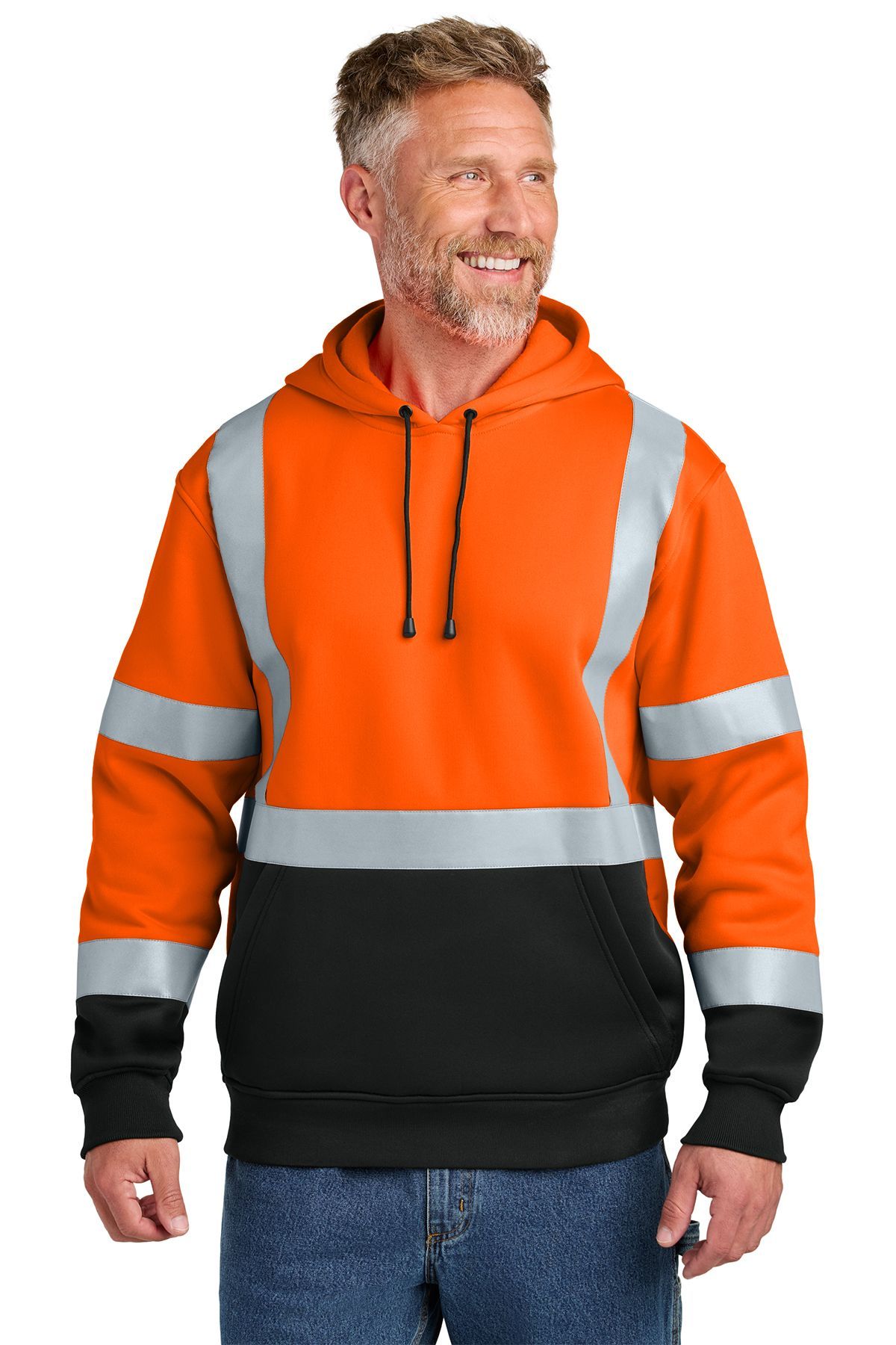 Man wearing a yellow and black high-visibility hooded sweatshirt with reflective stripes, smiling.