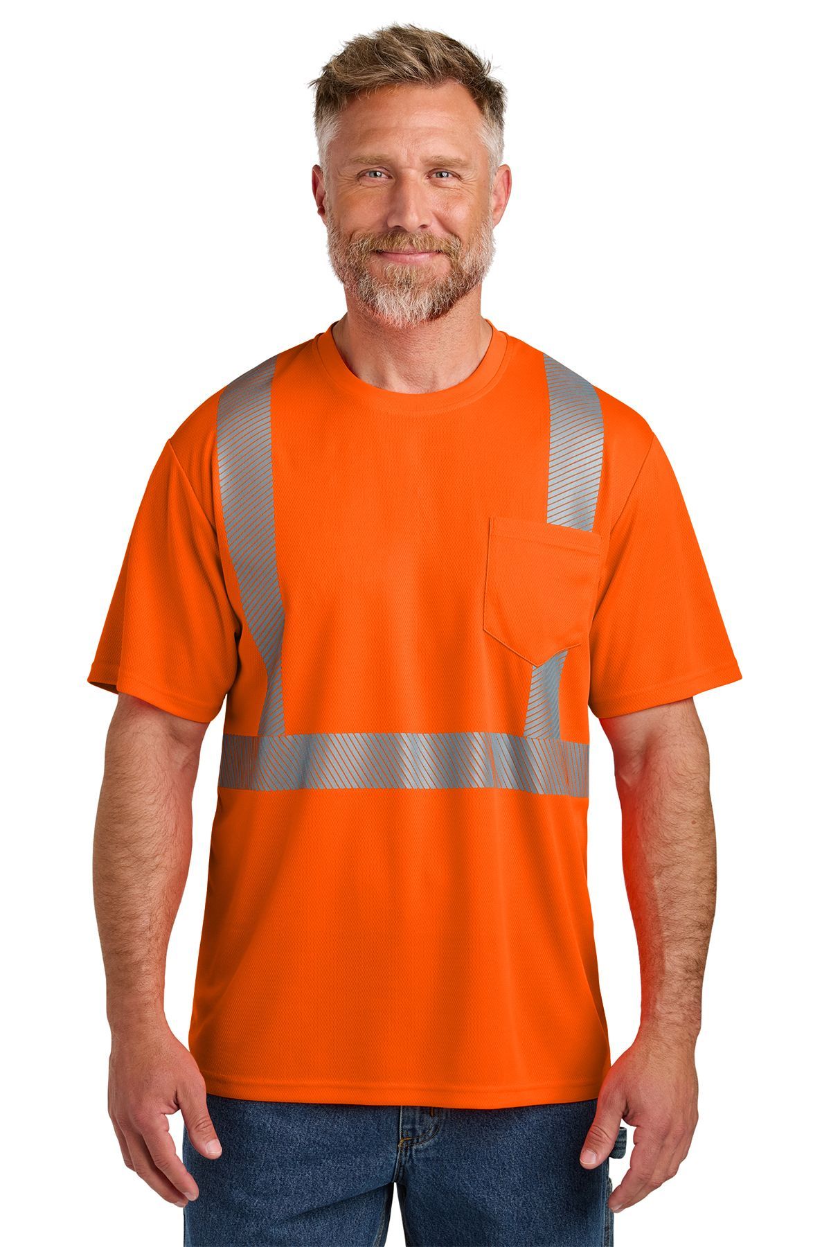 Man wearing a neon yellow safety shirt with reflective stripes.