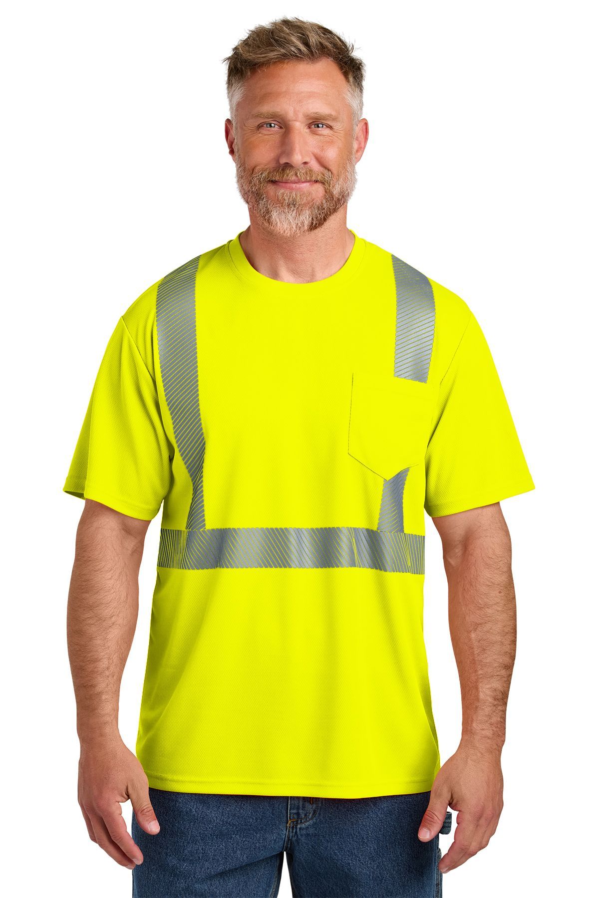 Man wearing a neon yellow safety shirt with reflective stripes.