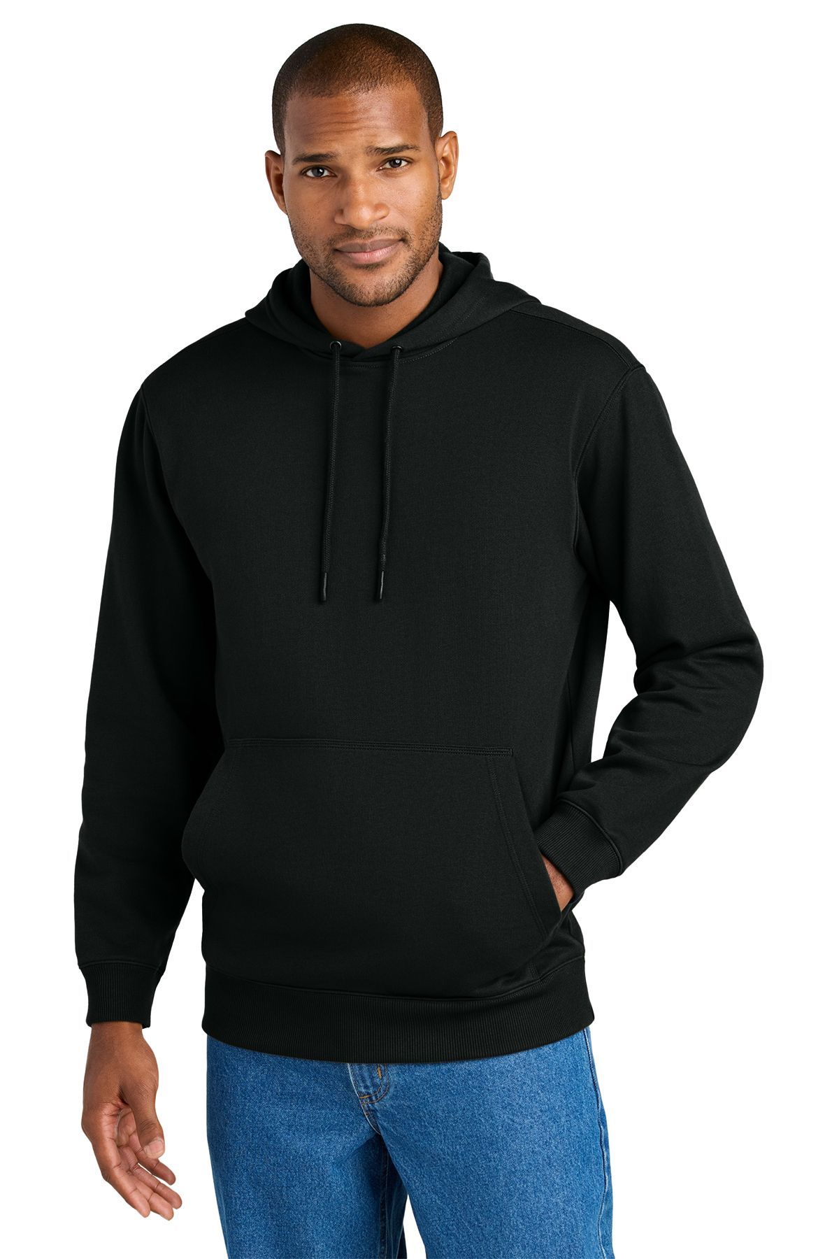 Person wearing a black hooded sweatshirt with a front pocket, blue jeans, and dark hair.